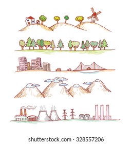  Vector illustration of  landscapes. Doodles hand-drawn style.