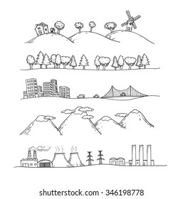  Vector illustration of  landscapes. Doodles hand-drawn style.