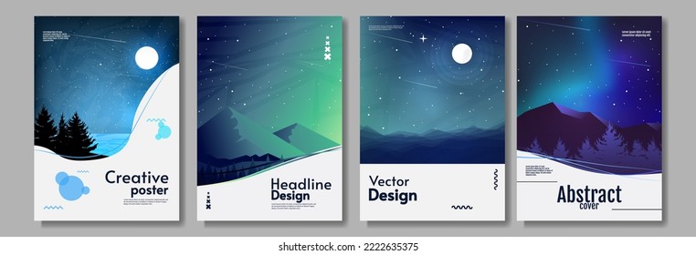 Vector illustration. Landscapes set. Abstract aurora landscape. Flat illustration. Adventure concept.  Design for touristic covers, posters, brochures, design.
