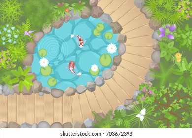 Vector illustration. Landscaping with pond. (Top view) 
Garden paths, pond, stones, flowers and plants. (View from above)