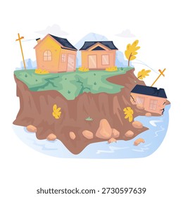 Vector illustration of a landslide disaster causing buildings to crack and slide down, illustrating the impact of heavy rainfall and unstable terrain, flat design