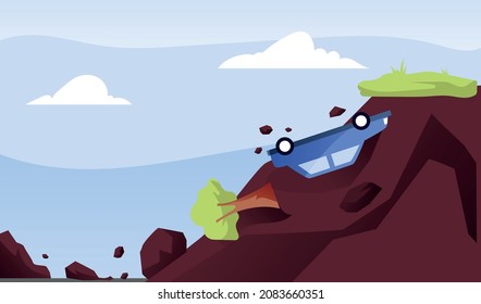 Vector illustration of landslide disaster get car and tree falling background.