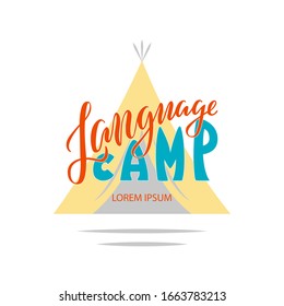Ilustración vectorial de las letras del campamento de idiomas para carteles, publicidad, afiche, tarjeta de visita, recuerdos, guía de viaje, diseño del logo de la escuela de idiomas. Texto escrito a mano para plantilla web o impresión