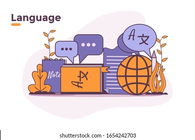 Vector Illustration Language Class Lesson Learn. Language Learning Course. English Grammar Speech Concept. Language Communication Translation Concept. Dictionary, Translation, Translate, World Wide. 