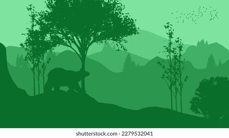 vector illustration of a lanscape Silhouette of a bear in the forest with a green theme