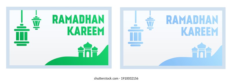 Vector illustration of lantern background with mosque, with Ramadan Kareem writing, green and blue gradient.  illustration for islam.  flat minimalist design eps 10.