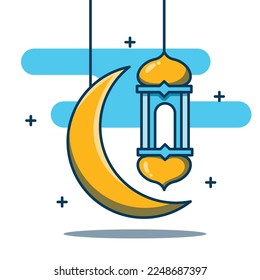 Vector illustration of lantern and crescent moon in flat cartoon style.