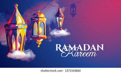 vector illustration of a lantern Fanus. the Muslim feast of the holy month of Ramadan Kareem. Translation from Arabic: Generous Ramadan kareem