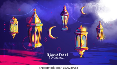 ilustración vectorial de un farol Fanus, la fiesta musulmana del mes sagrado de Ramadán Kareem. ilustraciones en el estilo de las pinturas acuáticas. 