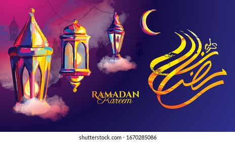 Vektorillustration Illustration eines Laternenfanus, das muslimische Fest des heiligen Monats Ramadan Kareem. Illustrationen im Stil von Aquarellfarben. 