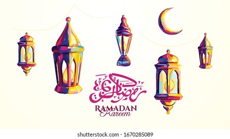 vector illustration of a lantern Fanus, the Muslim feast of the holy month of Ramadan Kareem. illustrations in the style of watercolor paints. 