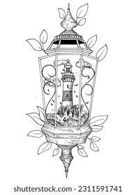 vector illustration of a lantern with a lighthouse. Ink sketch isolated on white background. Hand drawn vector illustration. Retro style.