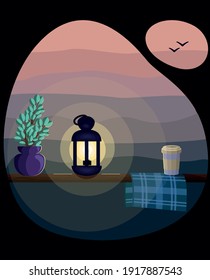 Ilustración vectorial de una linterna sobre un tronco, junto a una manta y un vaso de café antes del amanecer.