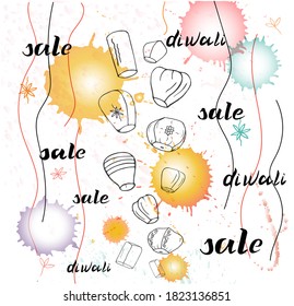 Vector illustration of lanterns for the Indian holiday Diwali.  Festival of Lights. India. Lettering.  Paper lanterns of different sizes and shapes for posters, flyers, billboards, invitations, sale