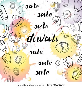 Vektorgrafik von Laternen für den indischen Urlaub Diwali.  Festival der Lichter. Indien. Schreiben.  Signalleuchten mit unterschiedlichen Größen und Formen für Plakate, Flyer, Plakate, Einladungen, Taschen, 