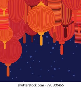 vector illustration of lanterns on dark night background and copy space for celebration greeting and invitation cards in decorative Asian style