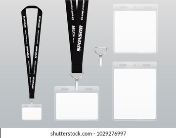 Vector illustration of lanyard. Black ribbon. Labels of different sizes. Lanyard with plastic label. Place for branding design