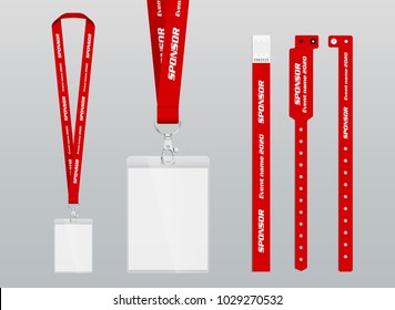 Vector illustration of lanyard and bracelets for identification and access to events. Security and control elements. Lanyards and bracelets with place for sponsor and name of the event. Design in red