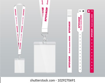 Vector illustration of lanyard and bracelets for identification and access to events. Security and control elements. Lanyards and bracelets with place for sponsor and name of the event. White color