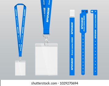 Vector illustration of lanyard and bracelets for identification and access to events. Security and control elements. Lanyards and bracelets with place for sponsor and name of the event. Design in blue