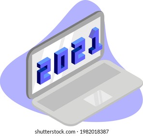 Vector illustration of a laptop with 2021 accents in isometric style which is a modern and trendy design. suitable for office, or school design. create an uplifting and calm atmosphere