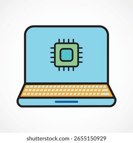 Vector Illustration of Laptop with AI Microchip – Futuristic Computer Technology, Processor Icon, Machine Learning Concept