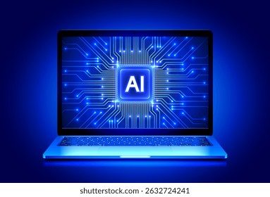 Vector illustration of laptop with AI processor chip related to artificial intelligence, machine learning, data science and analytics, cloud computing technology