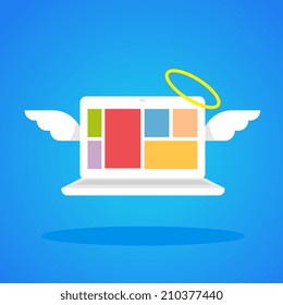 vector illustration laptop angel with wings and a halo on a blue background to advertise banner print