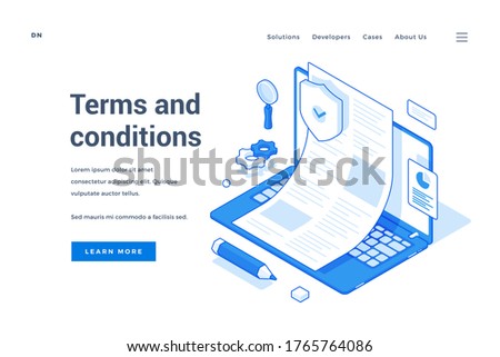 Vector illustration of laptop with approved legal contract representing website and software terms and conditions near description and link button. Isometric web banner, landing page template