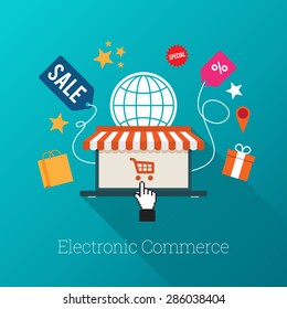 Vector illustration of laptop with awning and hand select icon with several e-commerce symbols.