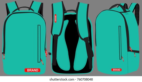 A vector illustration of a laptop backpack in 3 angles Front back and side with all details as stitches zippers brand tag zipper plastic tag and pockets. for all industrial and graphical use