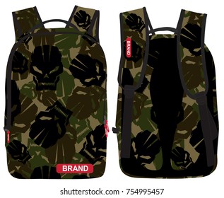 a vector illustration of a laptop backpack with  a camouflage pattern made of sharp edge skull and from the colors of forest camouflage black olive and brown , backpack for school books notebook 