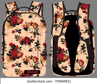 A vector illustration of a laptop backpack front and back for girl with a beautiful floral pattern with a lite color background, with tag to brand as you wish for all purposes including industrial