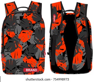 A vector illustration of a laptop backpack masked with a camouflage pattern made of random sharp edge skulls colored in red grey dark grey with a black background and BRAND editable