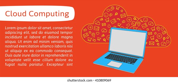 Vector illustration laptop for banners, hackathon, website. Presentation template for header, footer. Cloud tools for business and work. Cloud technology and service for hackathon on laptop. Vector