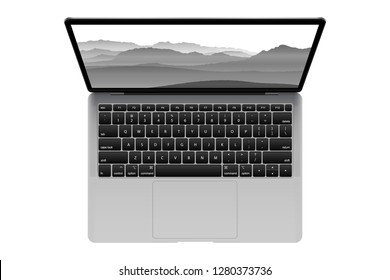 Vector illustration of a laptop in black and white. On the screen is a vector image of a mountain landscape.