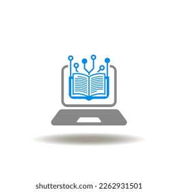 Vector illustration of laptop and book with circuit. Icon of digital electronic user guide. Symbol of e-learning. Sign of remotely online education.