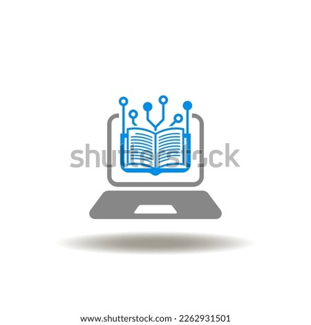Vector illustration of laptop and book with circuit. Icon of digital electronic user guide. Symbol of e-learning. Sign of remotely online education.