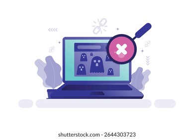 Vector illustration of laptop with cartoon ghosts and magnifying glass showing malware detection