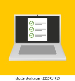 Vector illustration of laptop with check mark. Green tick, red cross, to do list, voting, survey, reviews, Gray laptop on a yellow background. Vector line icon for Business and Advertising
