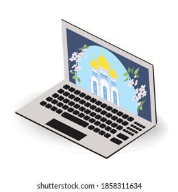 Vector illustration of laptop with church on white isolated background.Church service online. Home church during quarantine due to the coronavirus Covid-19. Internet Church of Jesus Christ.