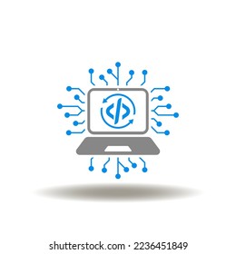 Ilustración vectorial del portátil con diagrama de flujo de circuitos y flechas redondas con código. Icono de codificación web. Símbolo de programación de software de desarrollo.