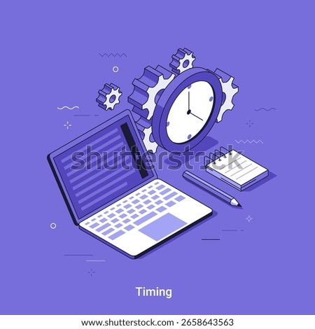 Vector illustration with Laptop with a clock and gears, depicting business timing and time management. Isometric linear concept for efficiency or planning.