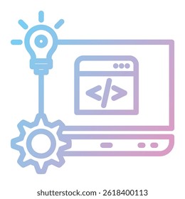 Vector illustration of a laptop with a code window, a light bulb for the idea, and a gear for settings, perfect for tech and coding related designs