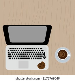 Vector illustration. Laptop and coffee cup on a wooden background