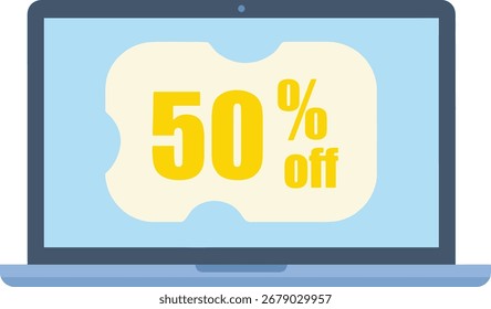 ilustração vetorial de um computador portátil exibindo um desconto de 50% para uma venda on-line da Cyber Monday.