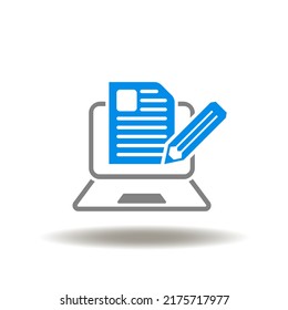 Vector illustration of laptop computer with page and pencil. Icon of electronic blog. Symbol of blogging.