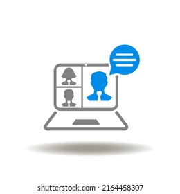 Ilustración vectorial del ordenador portátil con personas y burbuja de voz. Icono de la conferencia web. Símbolo de reunión en línea.
