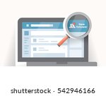 Vector illustration of laptop computer with social network notification - New follower under a magnifying glass on screen. Idea - Online messaging and friendship.