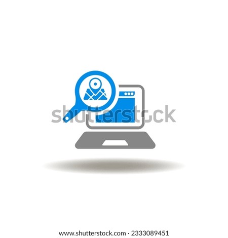 Vector illustration of laptop computer with web page and  magnifier with location map ponter. Symbol of local seo.